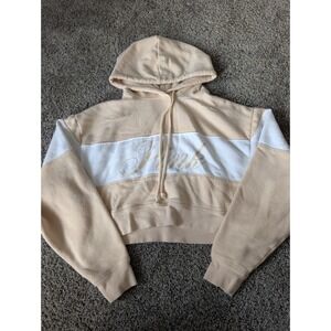 PINK Victoria's Secret Cropped Hoodie Cream White Colorblock Script Logo XS